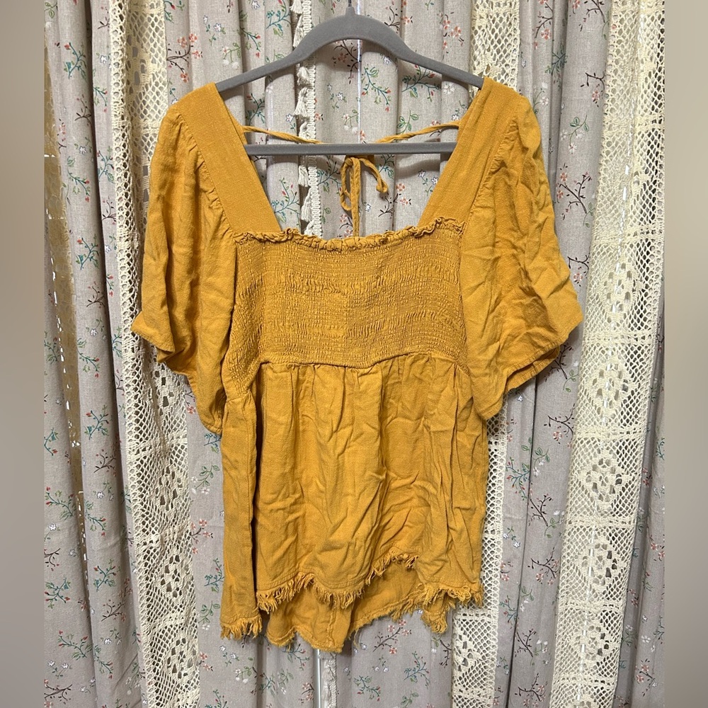 4/$25 Umgee Mustard Smocked Linen Blend Boho Blouse L